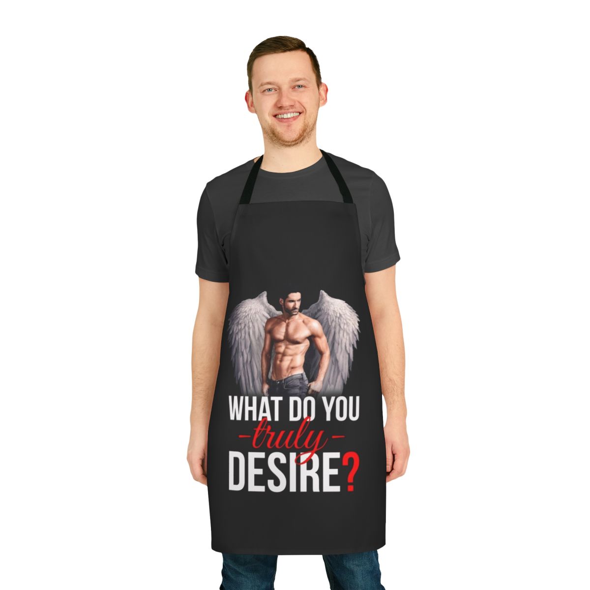 Stylish apron featuring a dark and mysterious fallen angel design.