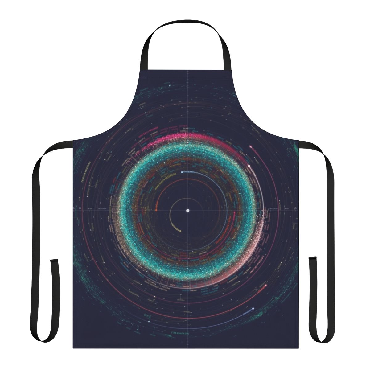 Apron featuring a detailed infographic-style map of asteroids in the solar system
