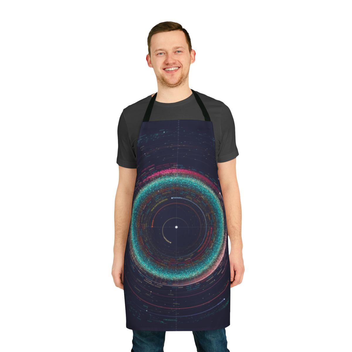 Apron featuring a detailed infographic-style map of asteroids in the solar system