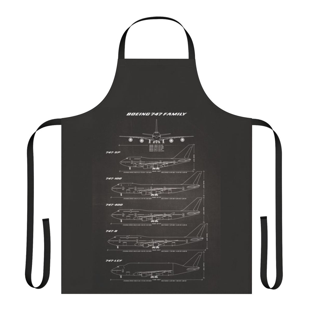 Boeing 747 aircraft blueprint-style design printed on a black cooking apron