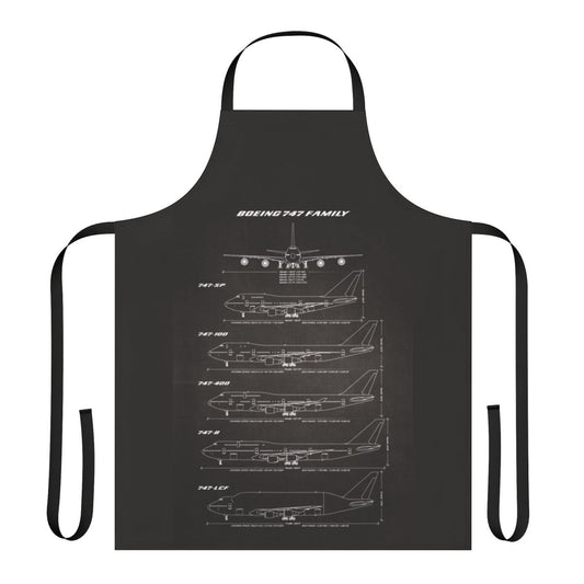 Boeing 747 aircraft blueprint-style design printed on a black cooking apron