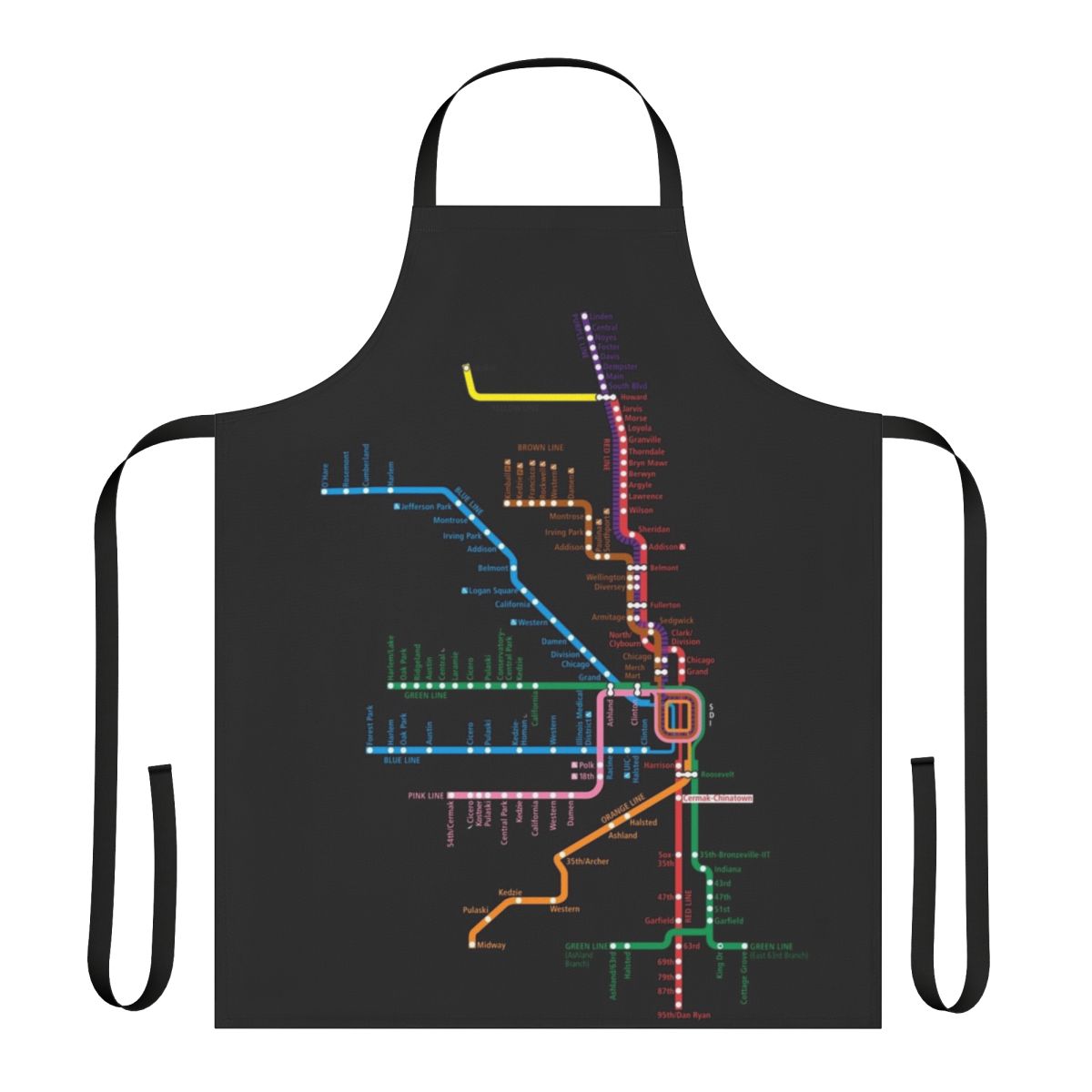 A kitchen apron featuring a detailed map of the Chicago trains and transit system.