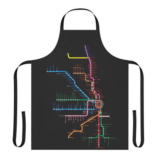 A kitchen apron featuring a detailed map of the Chicago trains and transit system.