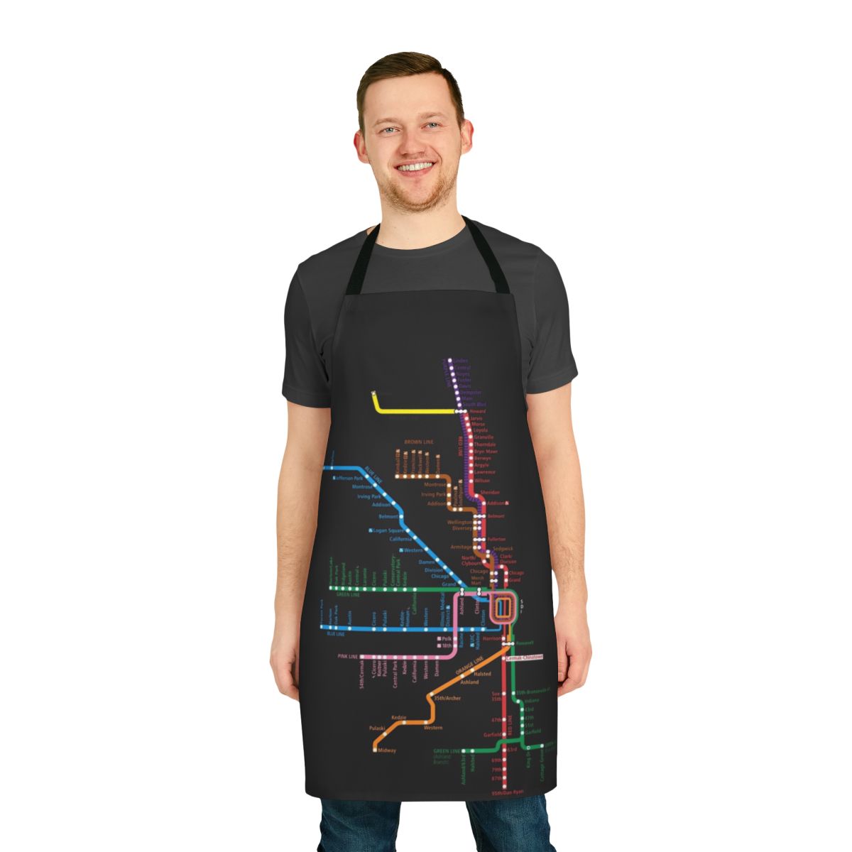 A kitchen apron featuring a detailed map of the Chicago trains and transit system.