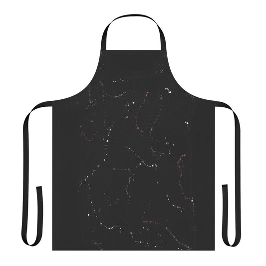 Detail shot of a paint splattered apron inspired by the Twelfth Doctor's jumper from Doctor Who Series 10.