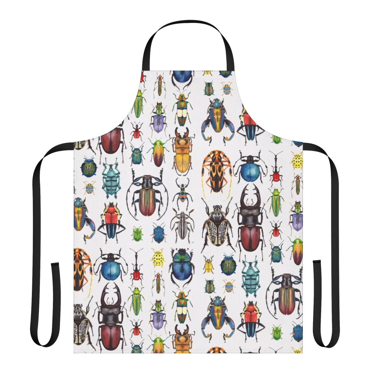 Detailed watercolor illustration of a variety of beetles and insects on a high-quality apron