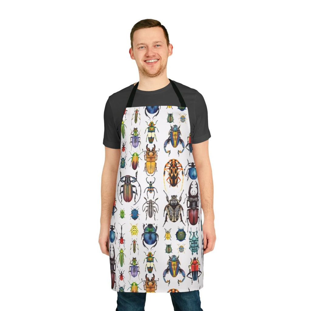 Detailed watercolor illustration of a variety of beetles and insects on a high-quality apron
