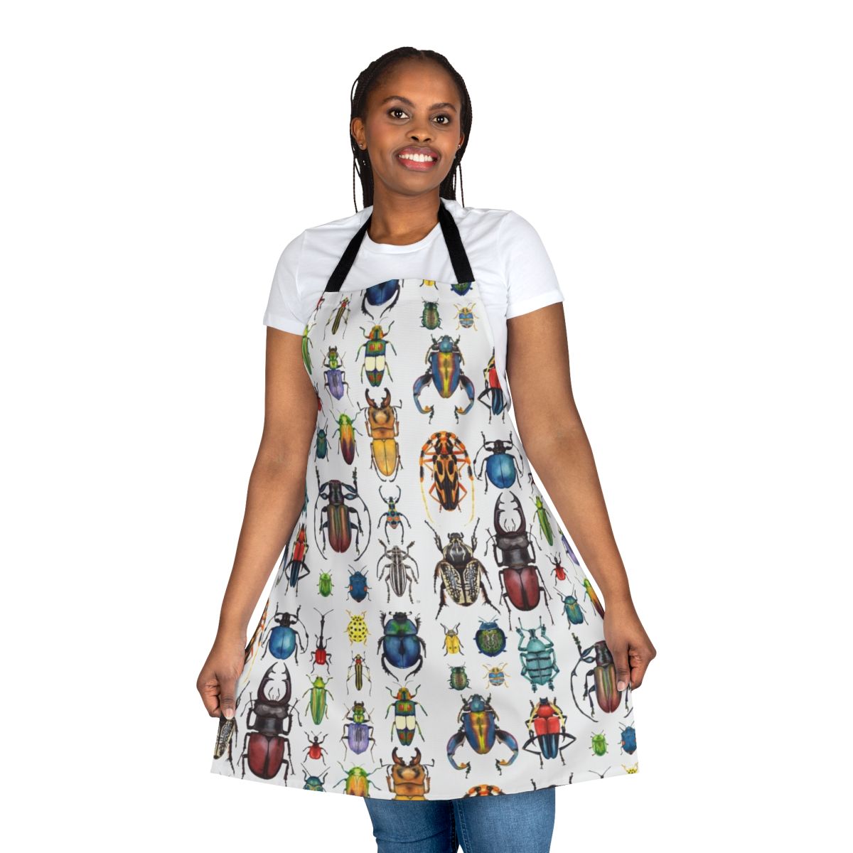 Detailed watercolor illustration of a variety of beetles and insects on a high-quality apron
