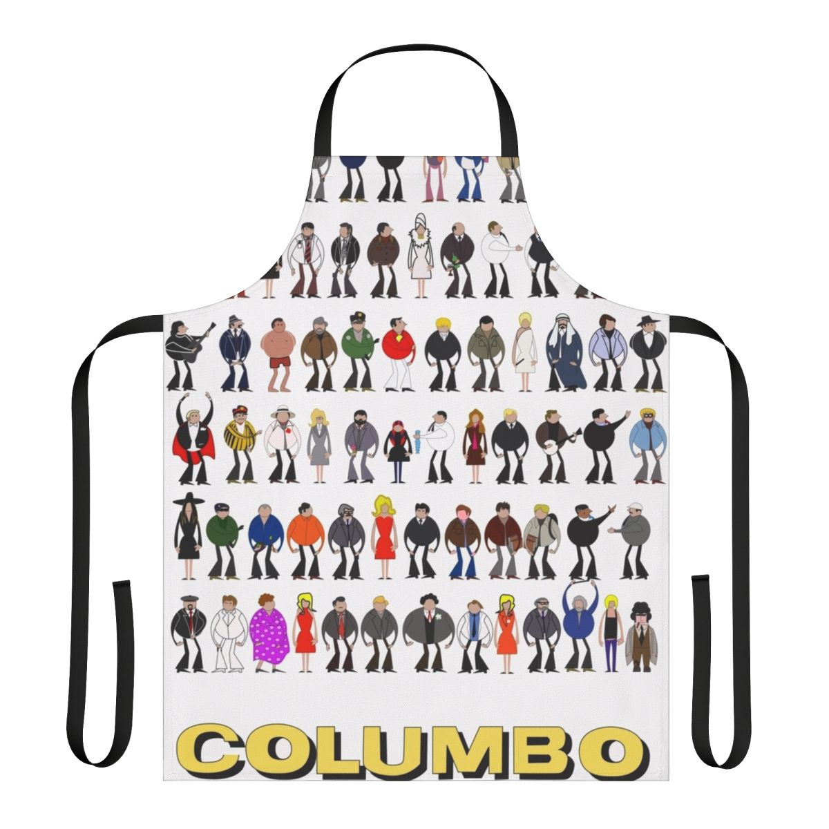 Columbo-inspired apron featuring a graphic design referencing the classic 1970s television series