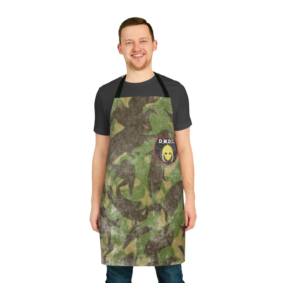 Detectorist-inspired distressed apron with DMDC club logos and metal detecting theme