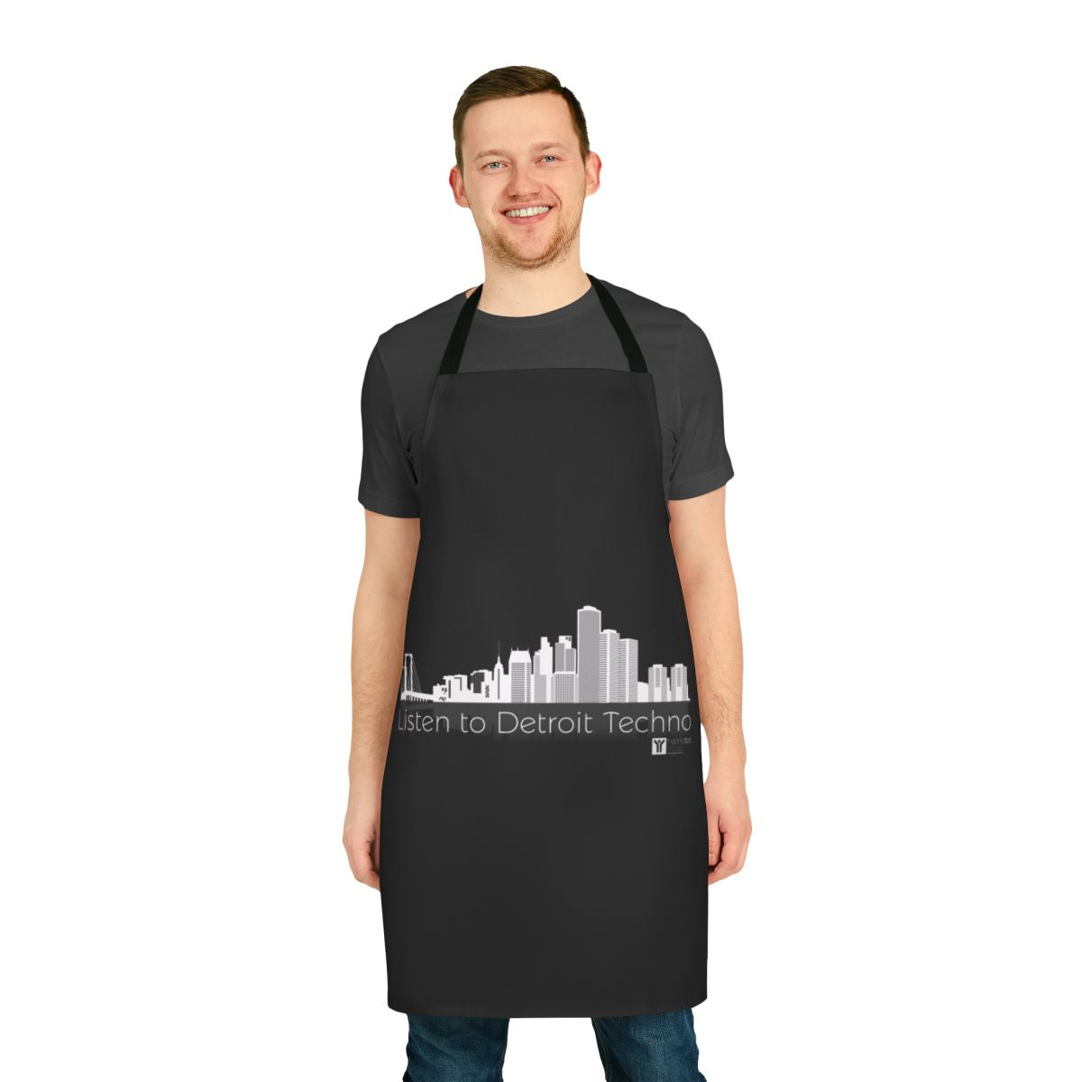 Detroit techno-inspired apron with electronic music-themed design