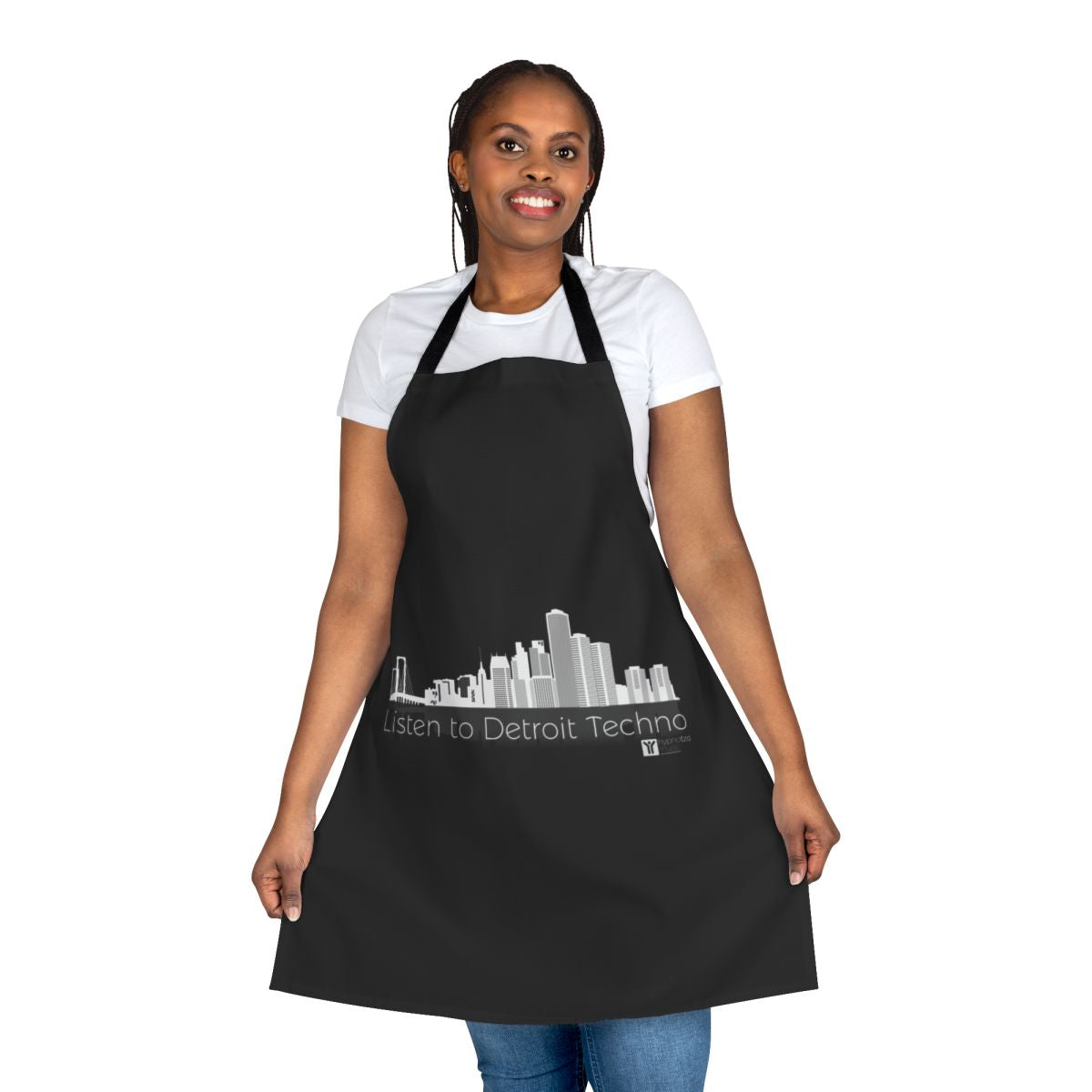 Detroit techno-inspired apron with electronic music-themed design
