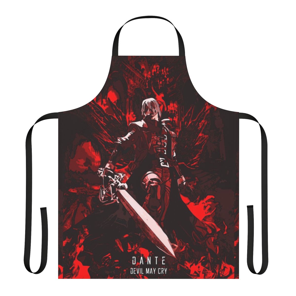 Classic Dante from Devil May Cry themed apron with red and abstract design