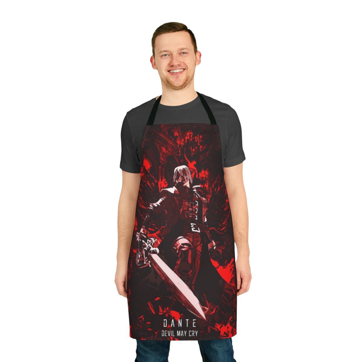 Classic Dante from Devil May Cry themed apron with red and abstract design