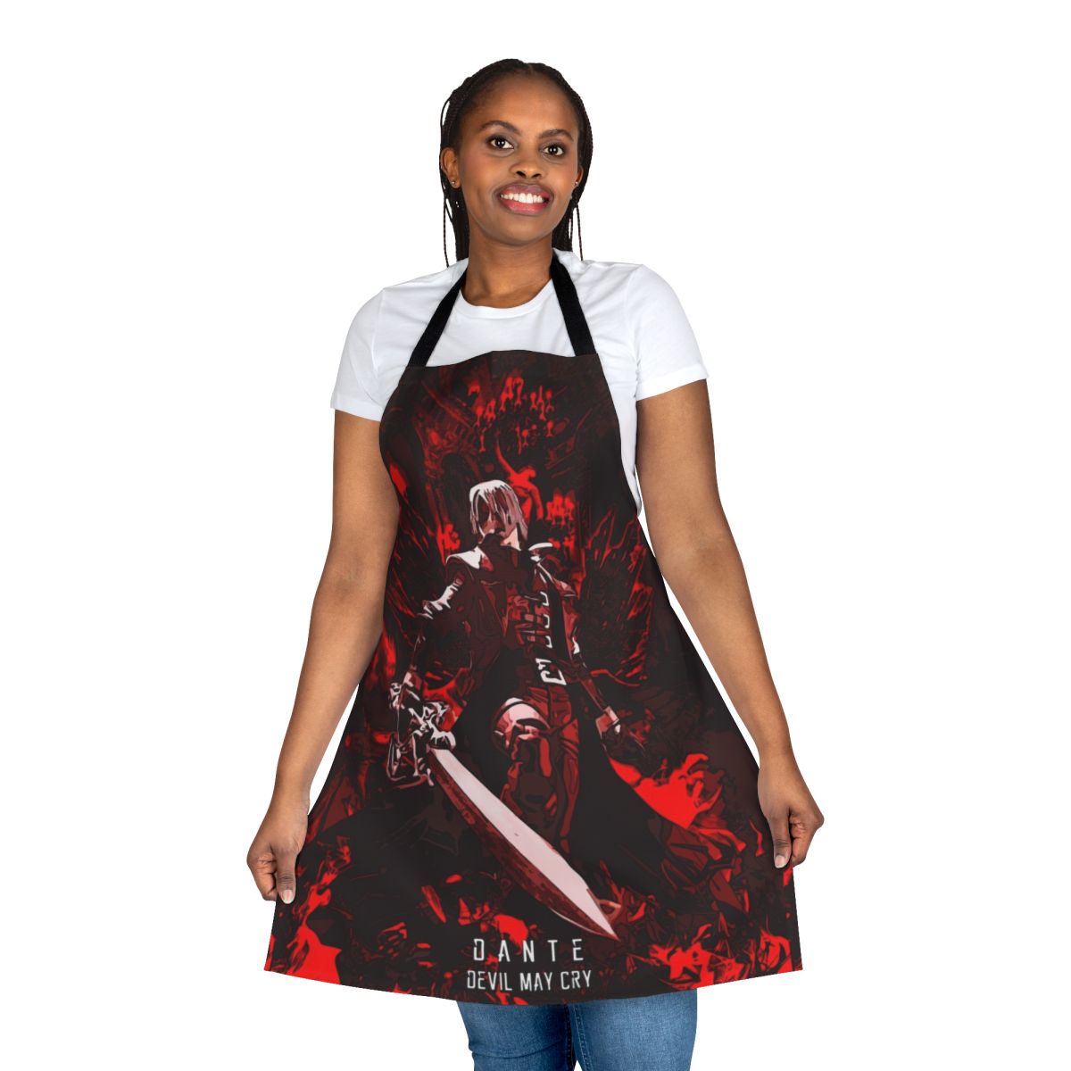 Classic Dante from Devil May Cry themed apron with red and abstract design
