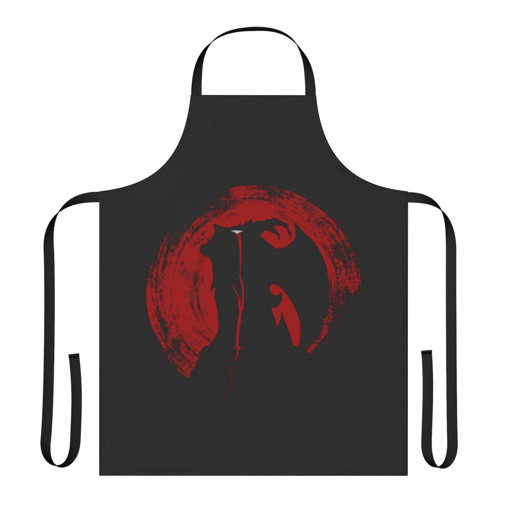A black apron featuring a crying demon-inspired design, perfect for fans of the anime and manga series Devilman Crybaby.