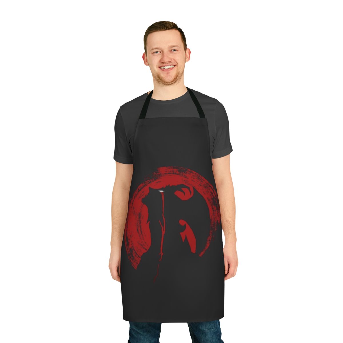 A black apron featuring a crying demon-inspired design, perfect for fans of the anime and manga series Devilman Crybaby.