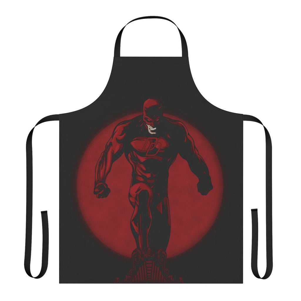 Red apron with a devilish, comic-inspired design, perfect for the heroic home chef