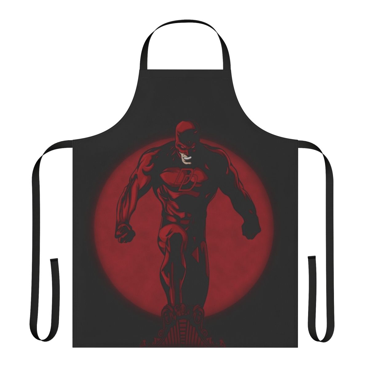 Red apron with a devilish, comic-inspired design, perfect for the heroic home chef