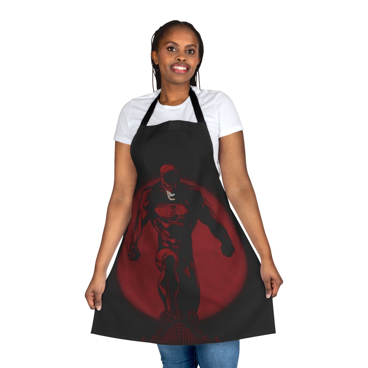 Red apron with a devilish, comic-inspired design, perfect for the heroic home chef