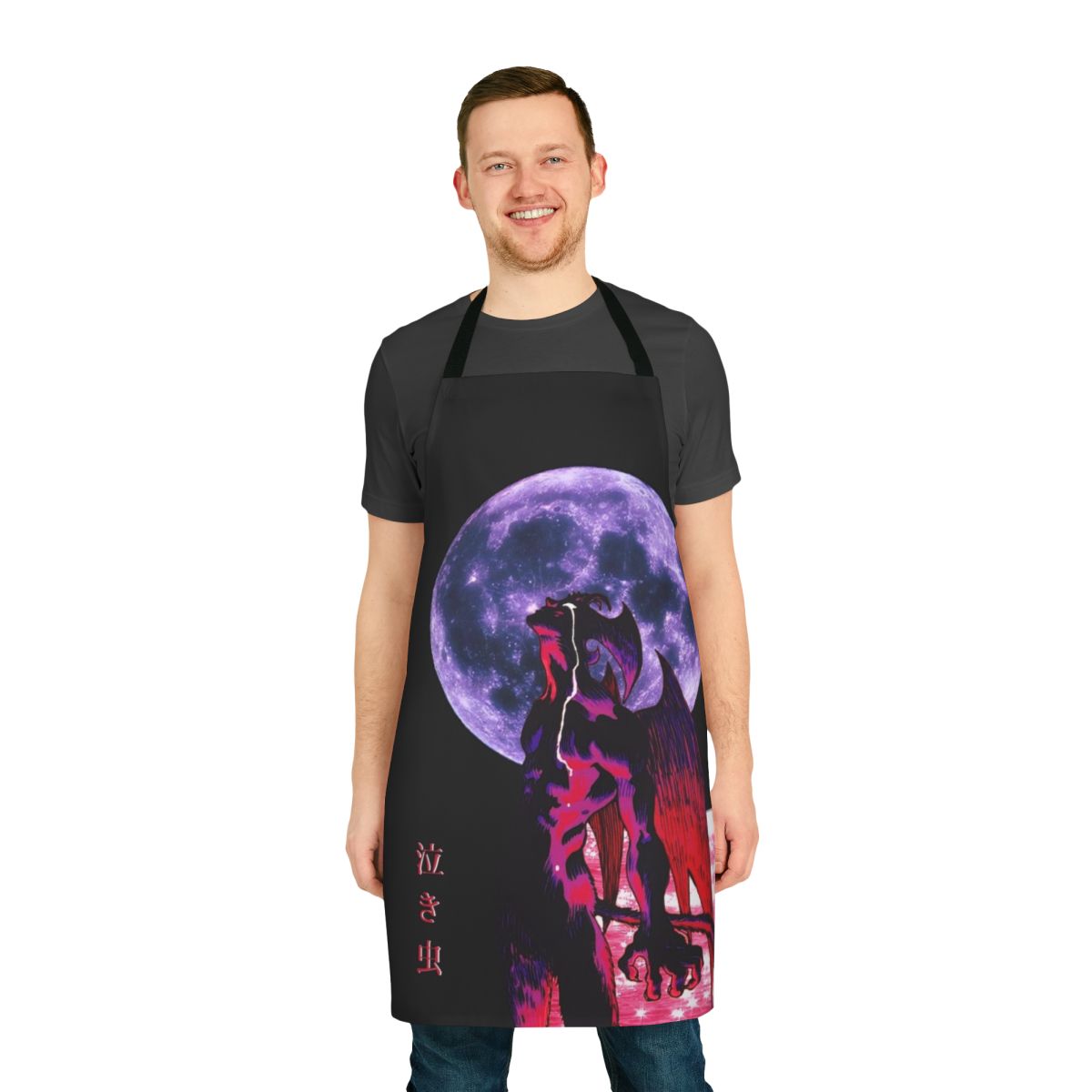 Devilman Crybaby-inspired apron with Akira Fudo design, glitter, and 90s aesthetic elements