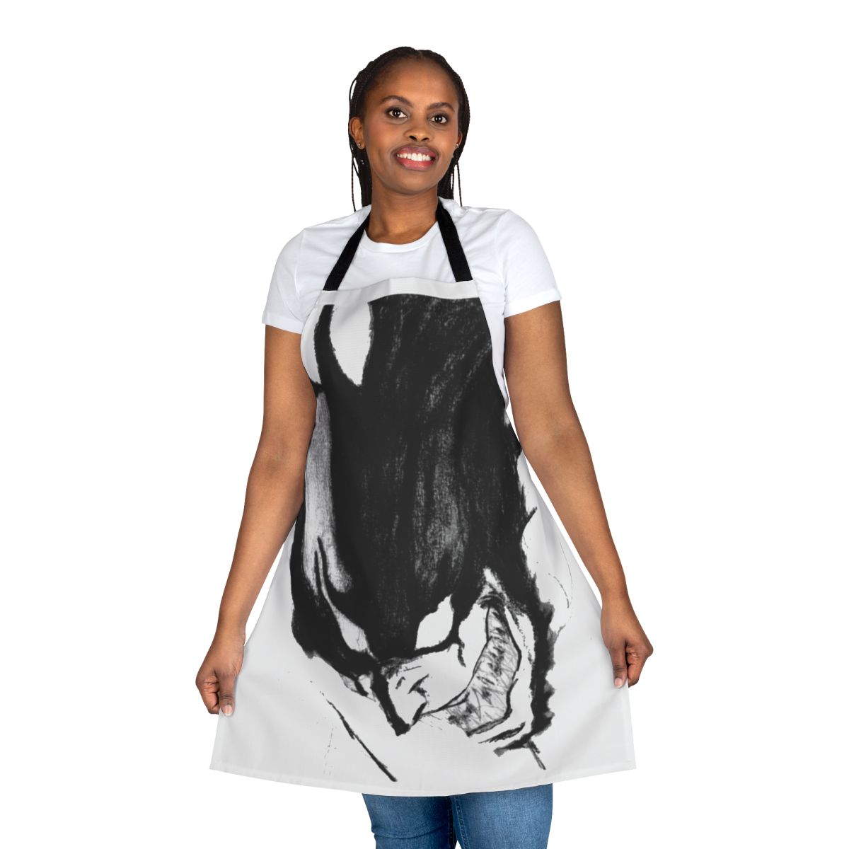 Devilman inspired black and white apron with superhero design