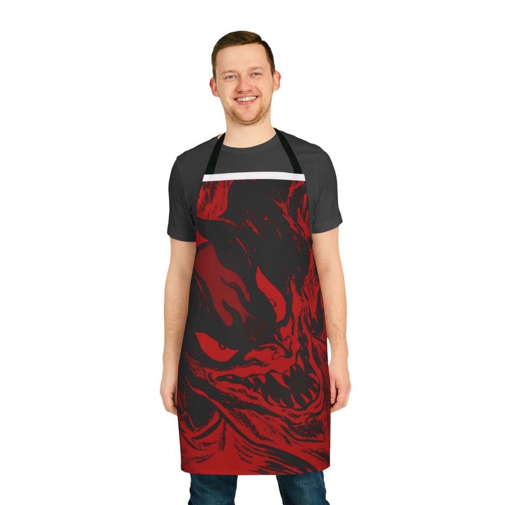 Devilman-inspired horror-themed apron featuring red and black graphic design