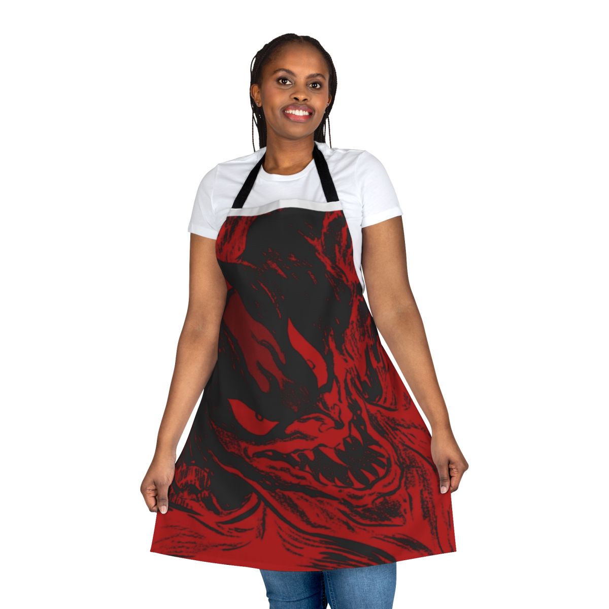 Devilman-inspired horror-themed apron featuring red and black graphic design