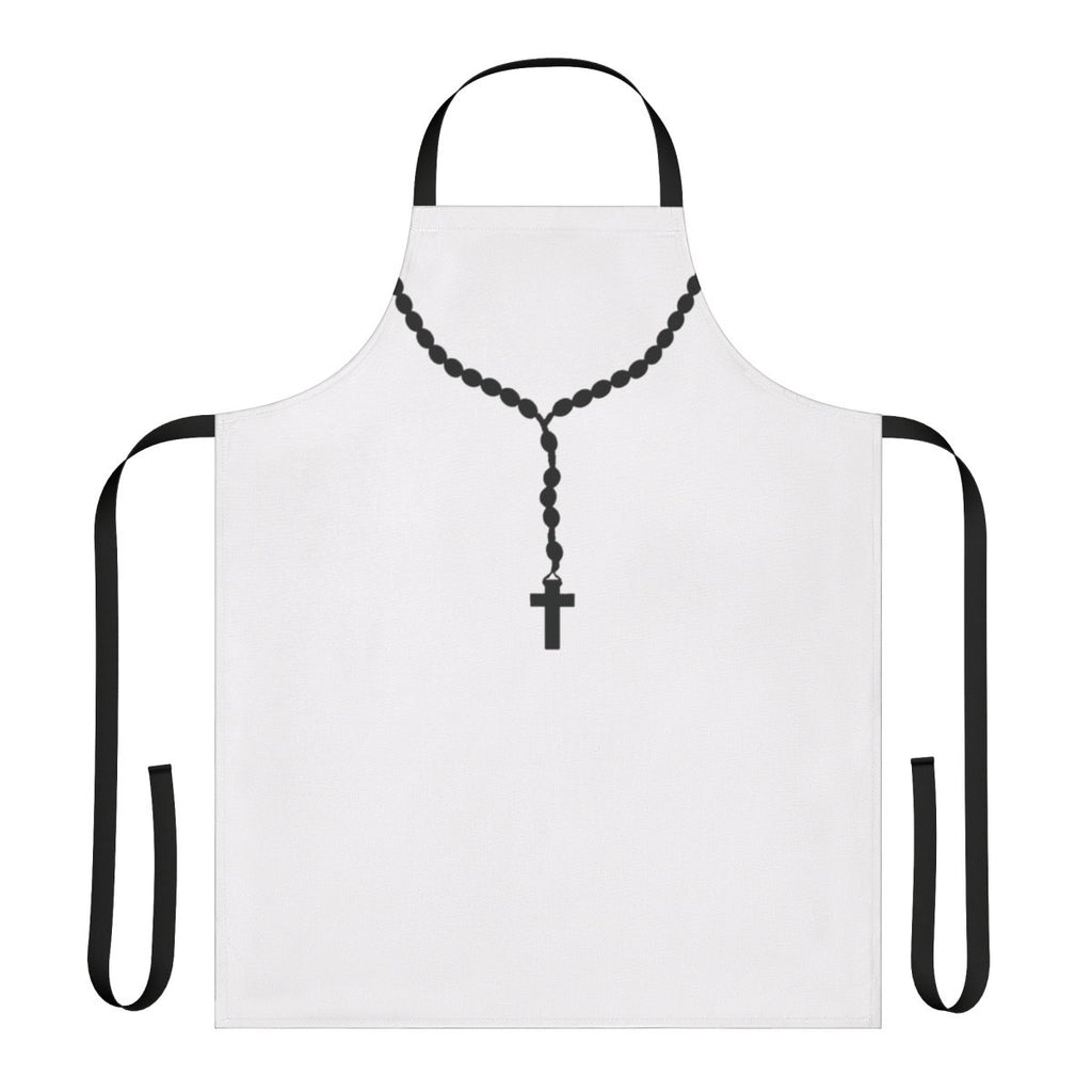 Black rosary beads apron with Catholic cross and crucifix design