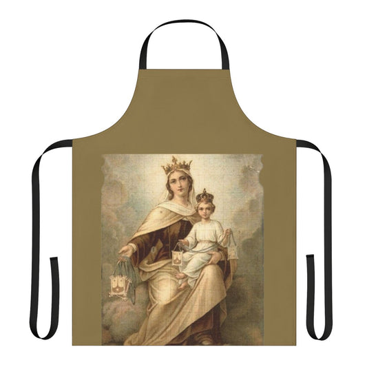 Our Lady of Mount Carmel Catholic Apron with Blessed Virgin Mary, Jesus, and Religious Imagery