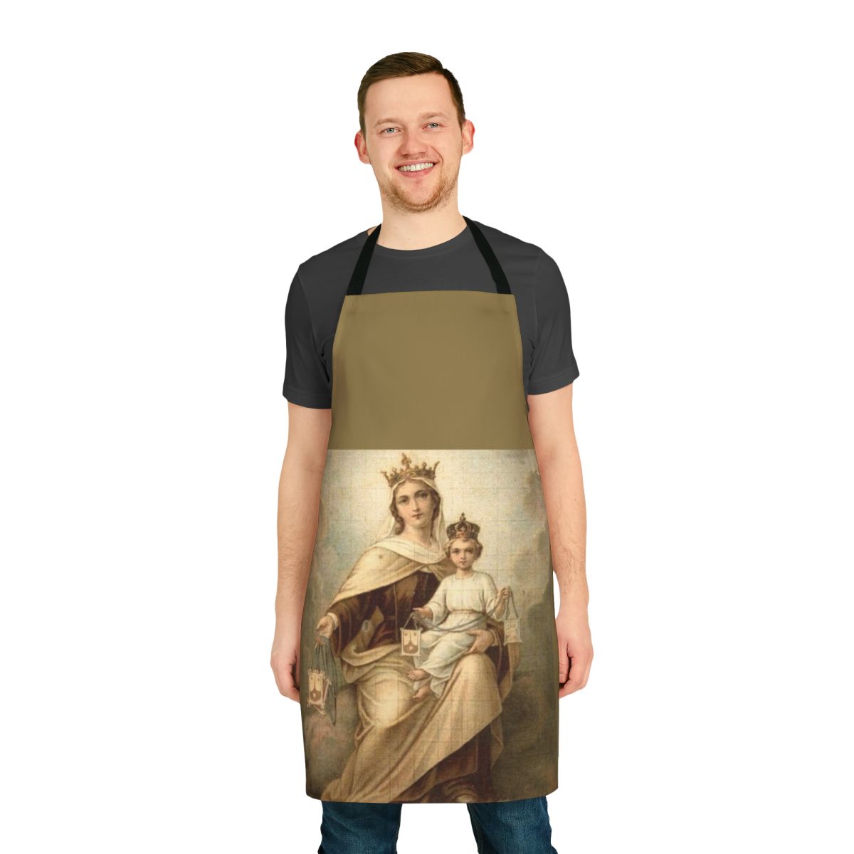 Our Lady of Mount Carmel Catholic Apron with Blessed Virgin Mary, Jesus, and Religious Imagery