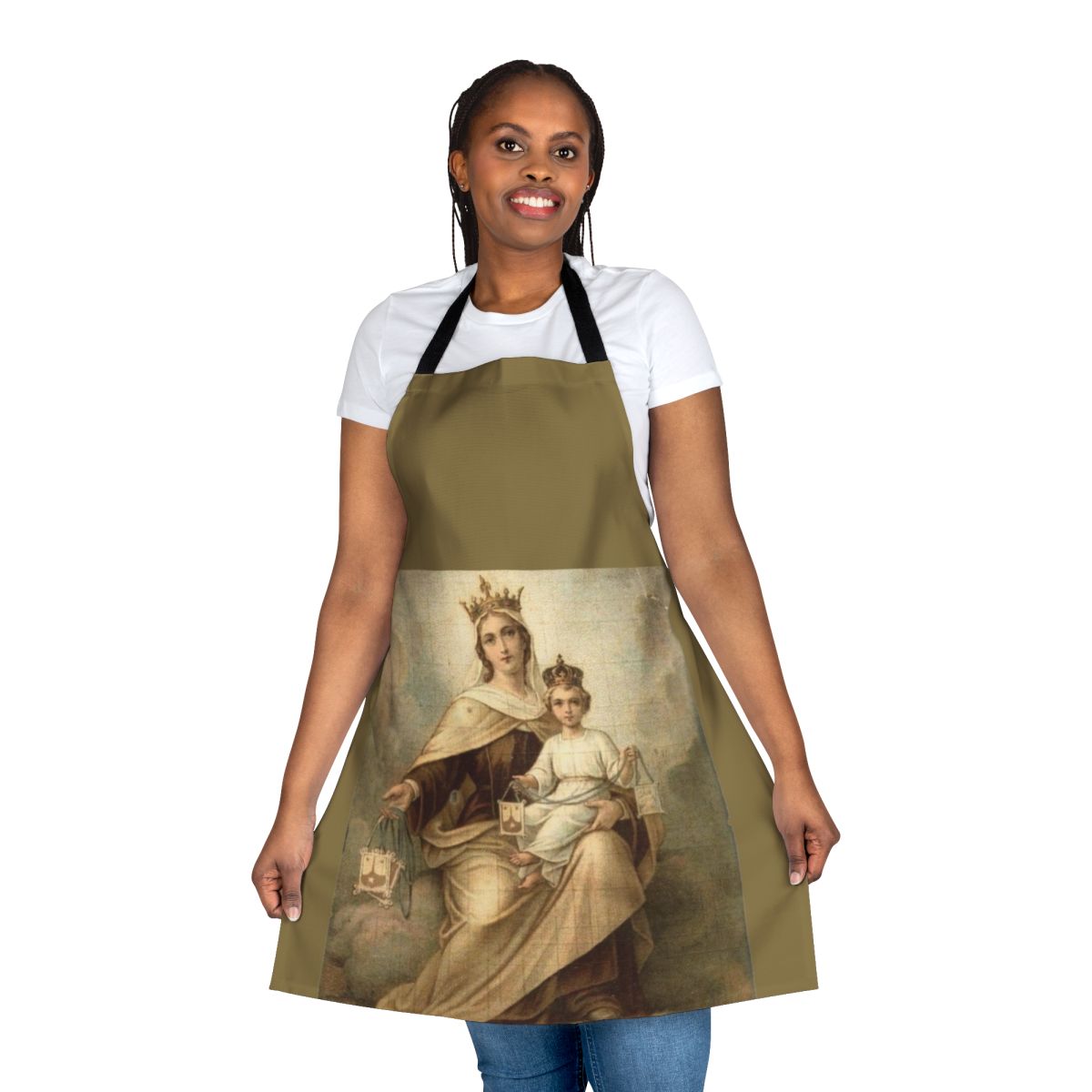 Our Lady of Mount Carmel Catholic Apron with Blessed Virgin Mary, Jesus, and Religious Imagery
