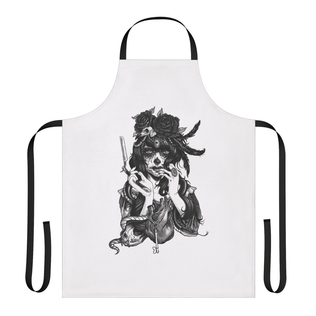 Dia de los Muertos inspired sugar skull design on a black apron