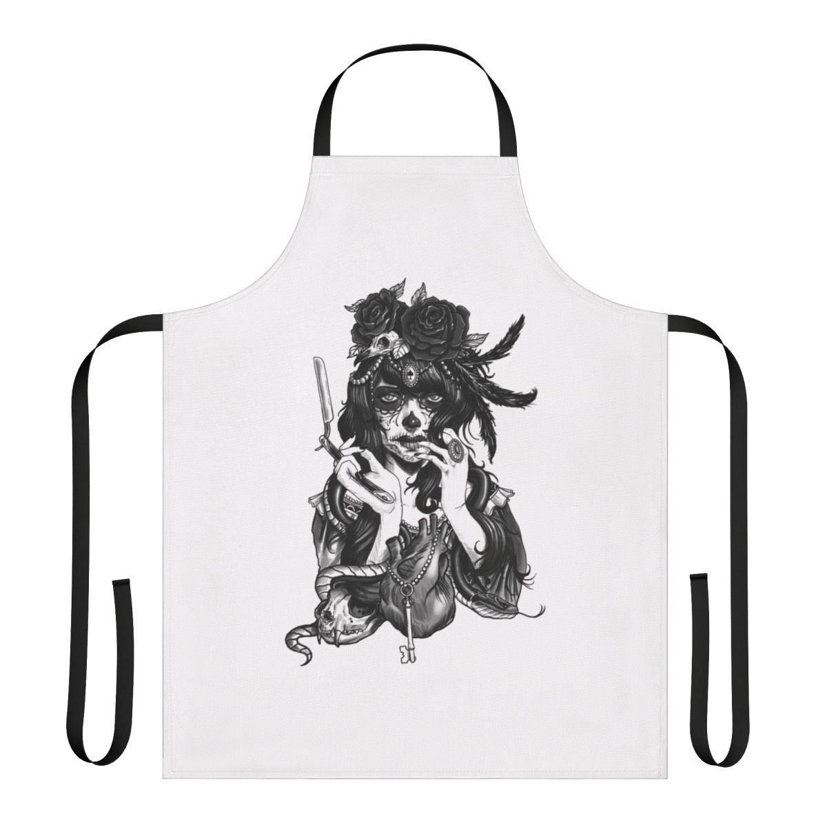 Dia de los Muertos inspired sugar skull design on a black apron