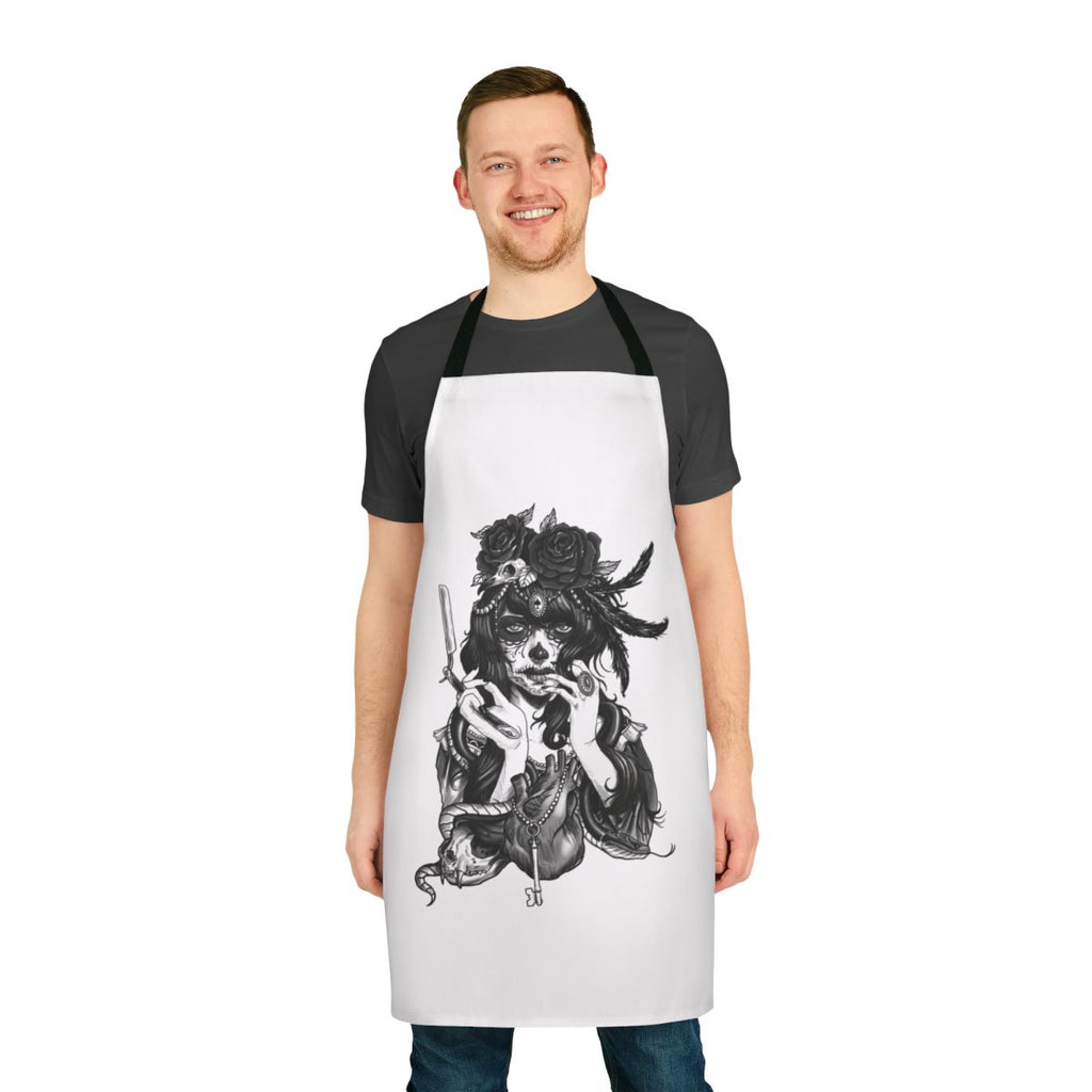 Dia de los Muertos inspired sugar skull design on a black apron