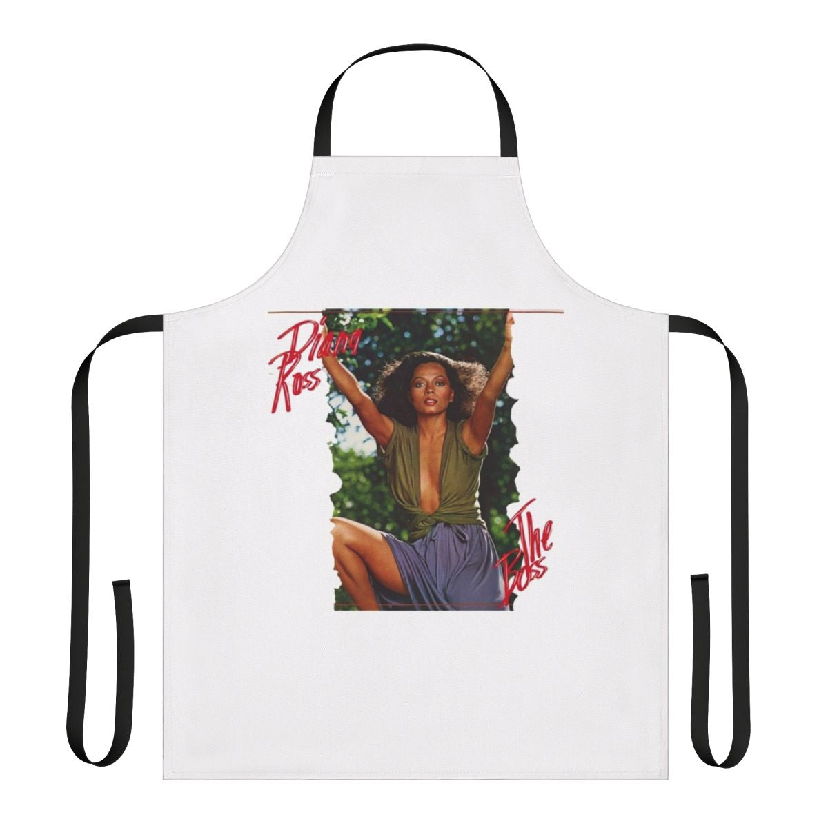 A black apron featuring the album cover art and a quote from Diana Ross' iconic album "The Boss"