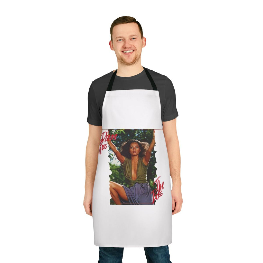A black apron featuring the album cover art and a quote from Diana Ross' iconic album "The Boss"
