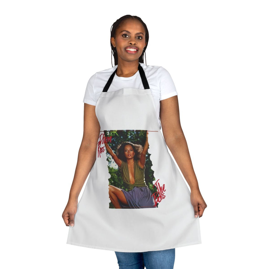 A black apron featuring the album cover art and a quote from Diana Ross' iconic album "The Boss"