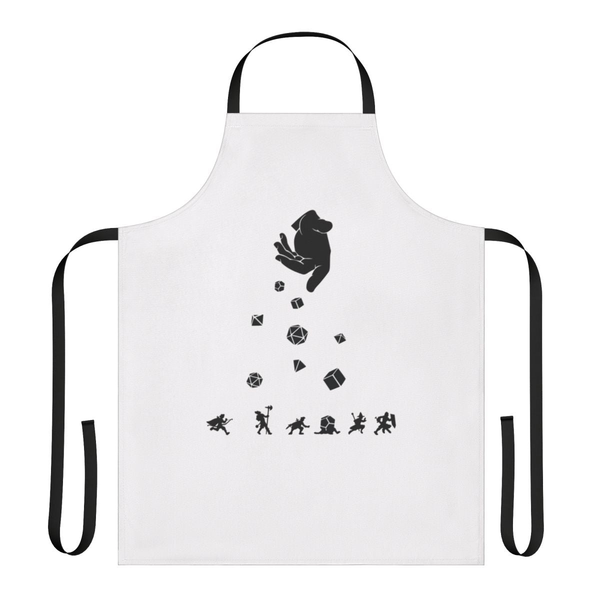 Apron featuring a "Rocks Fall, Everyone Dies" design with polyhedral dice