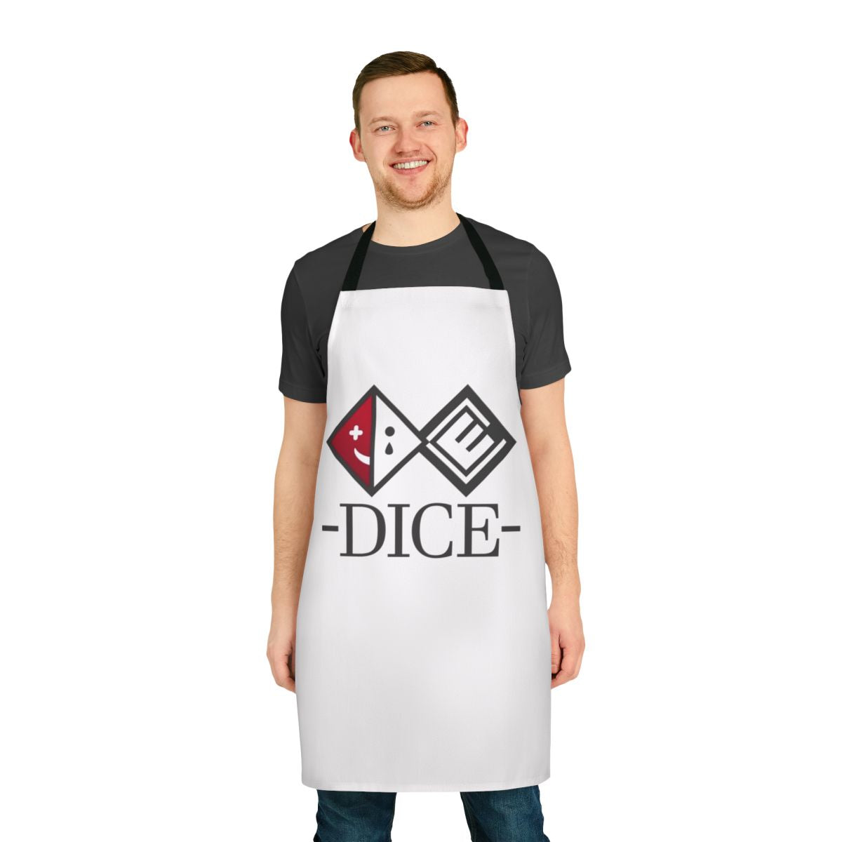 A high-quality apron featuring the iconic D I C E logo design, perfect for Danganronpa fans.