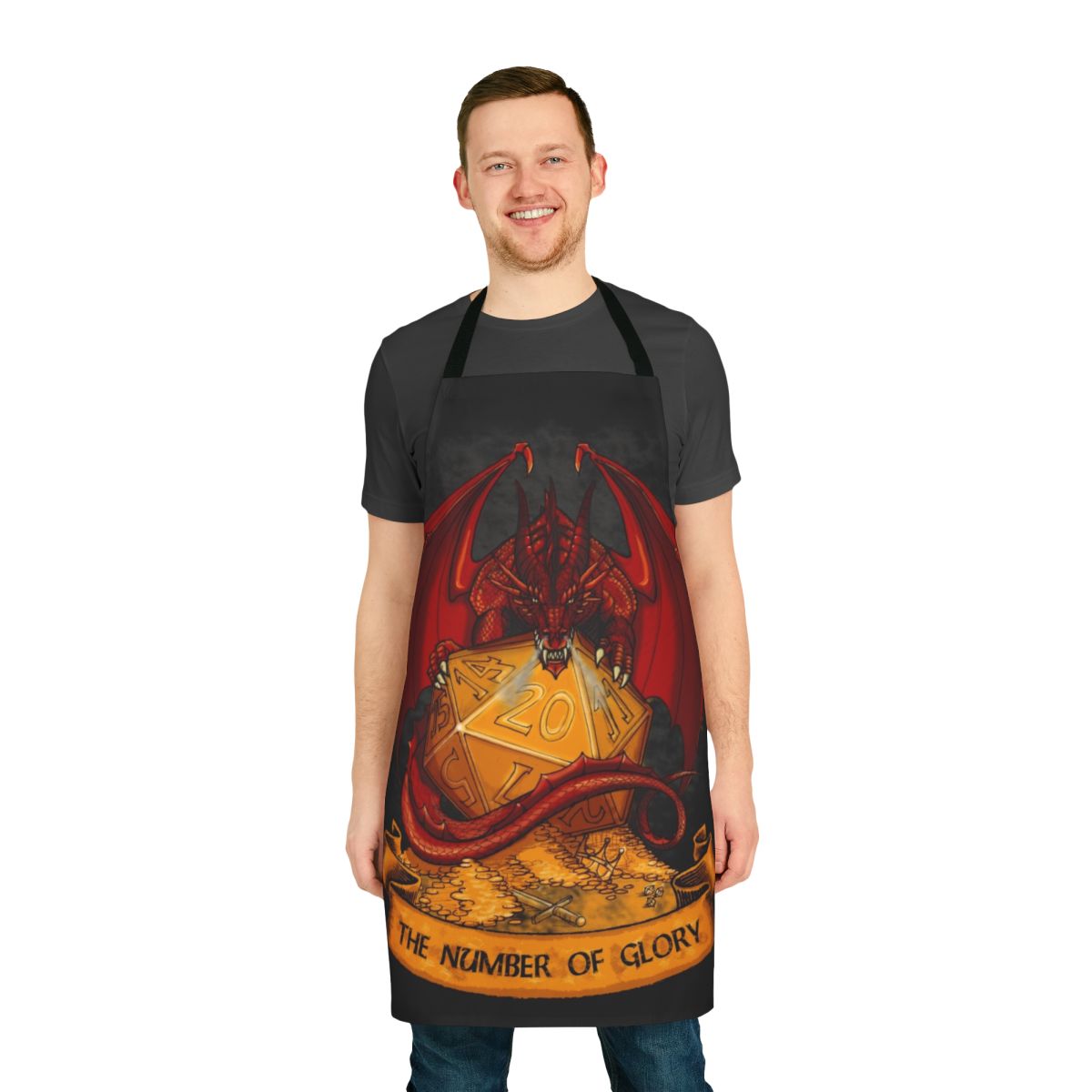 Apron with dice and fantasy gaming graphics