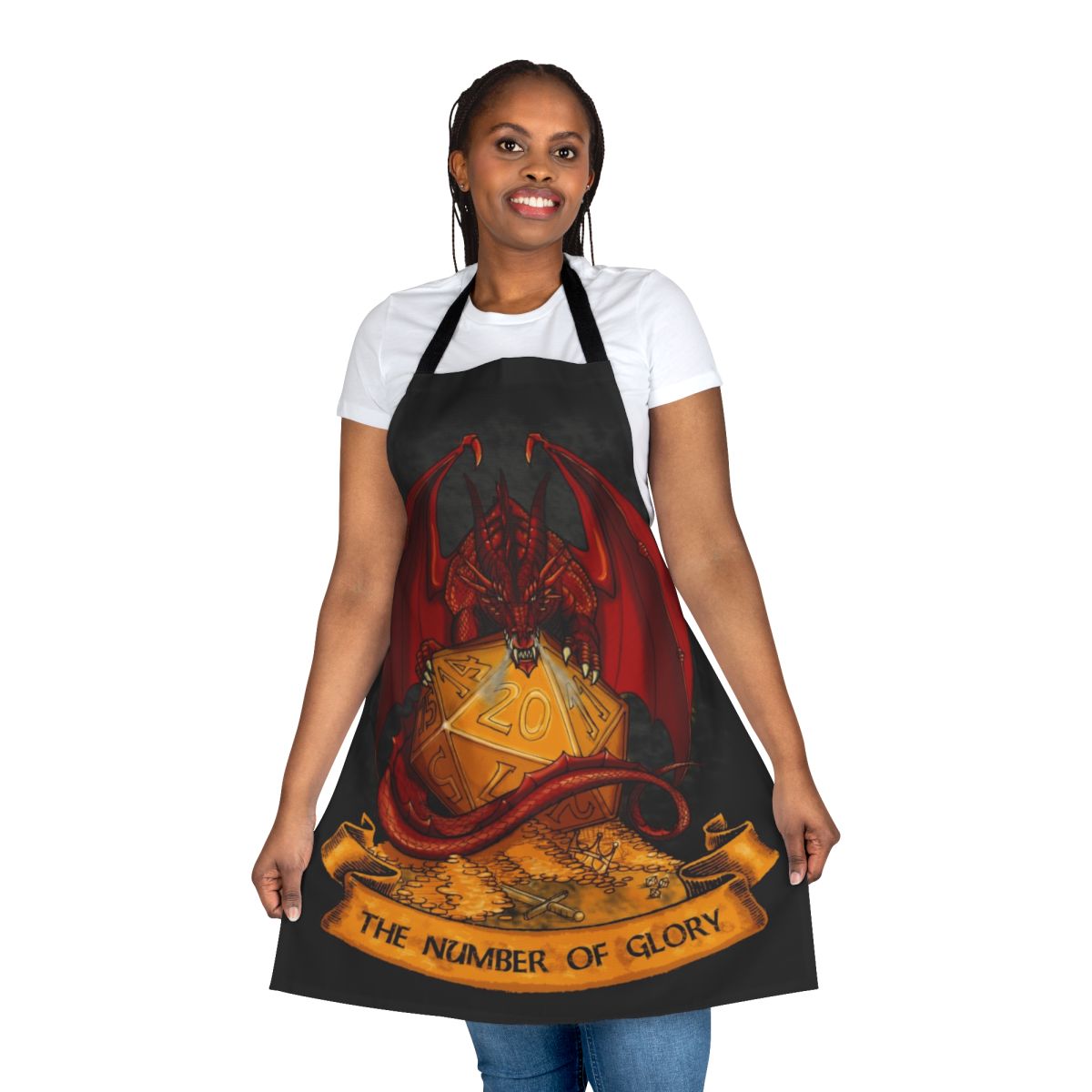 Apron with dice and fantasy gaming graphics