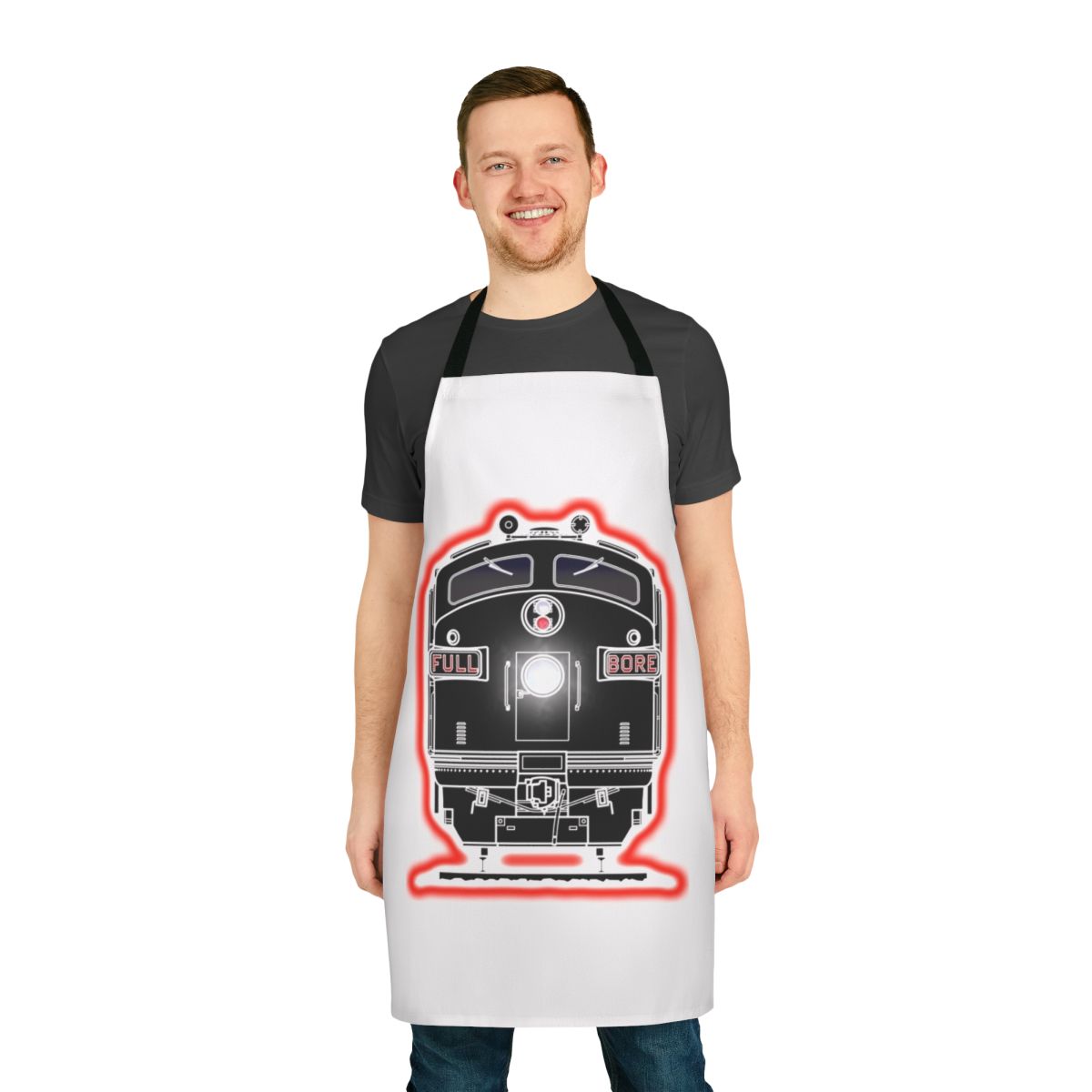 Diesel locomotive-themed apron with detailed graphics