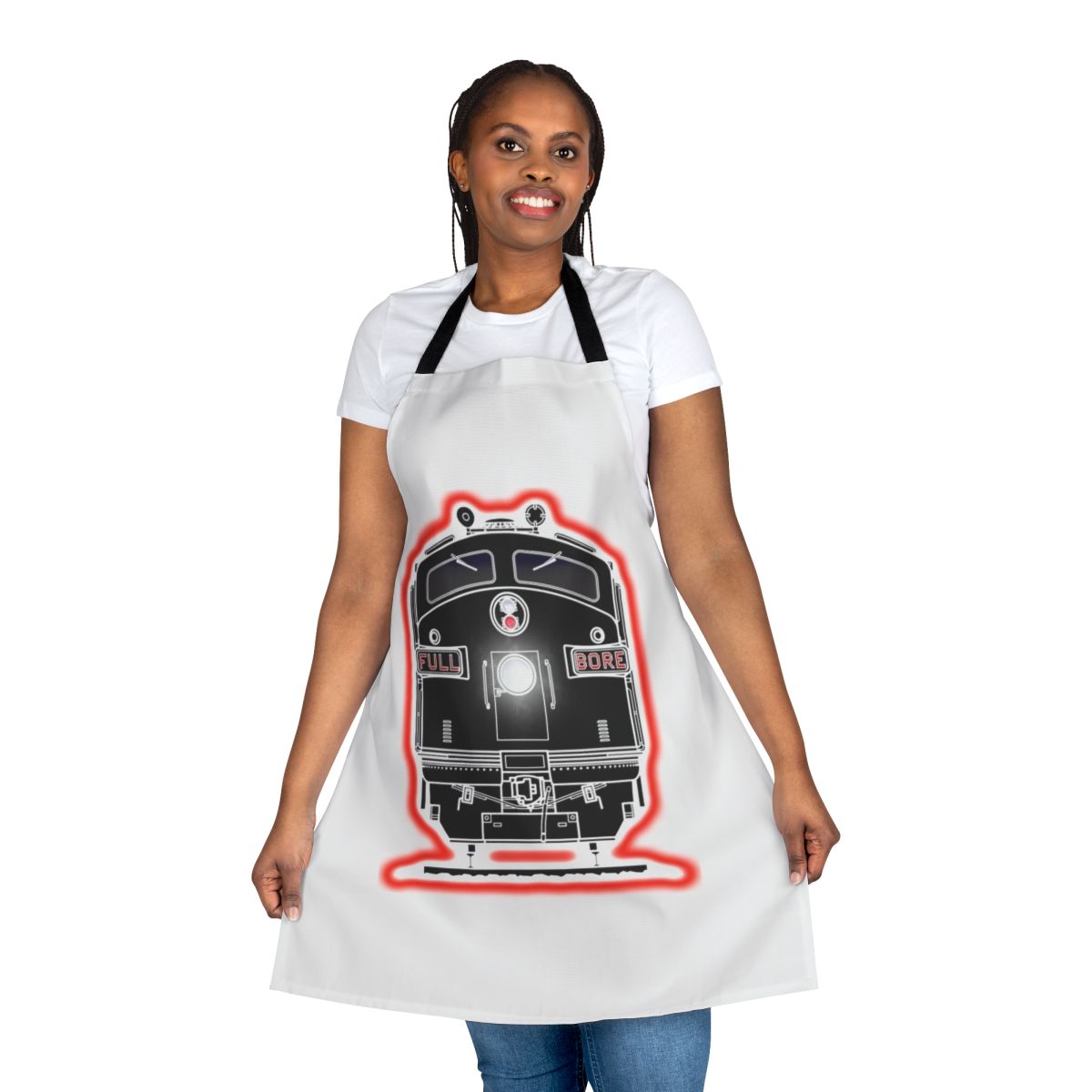 Diesel locomotive-themed apron with detailed graphics