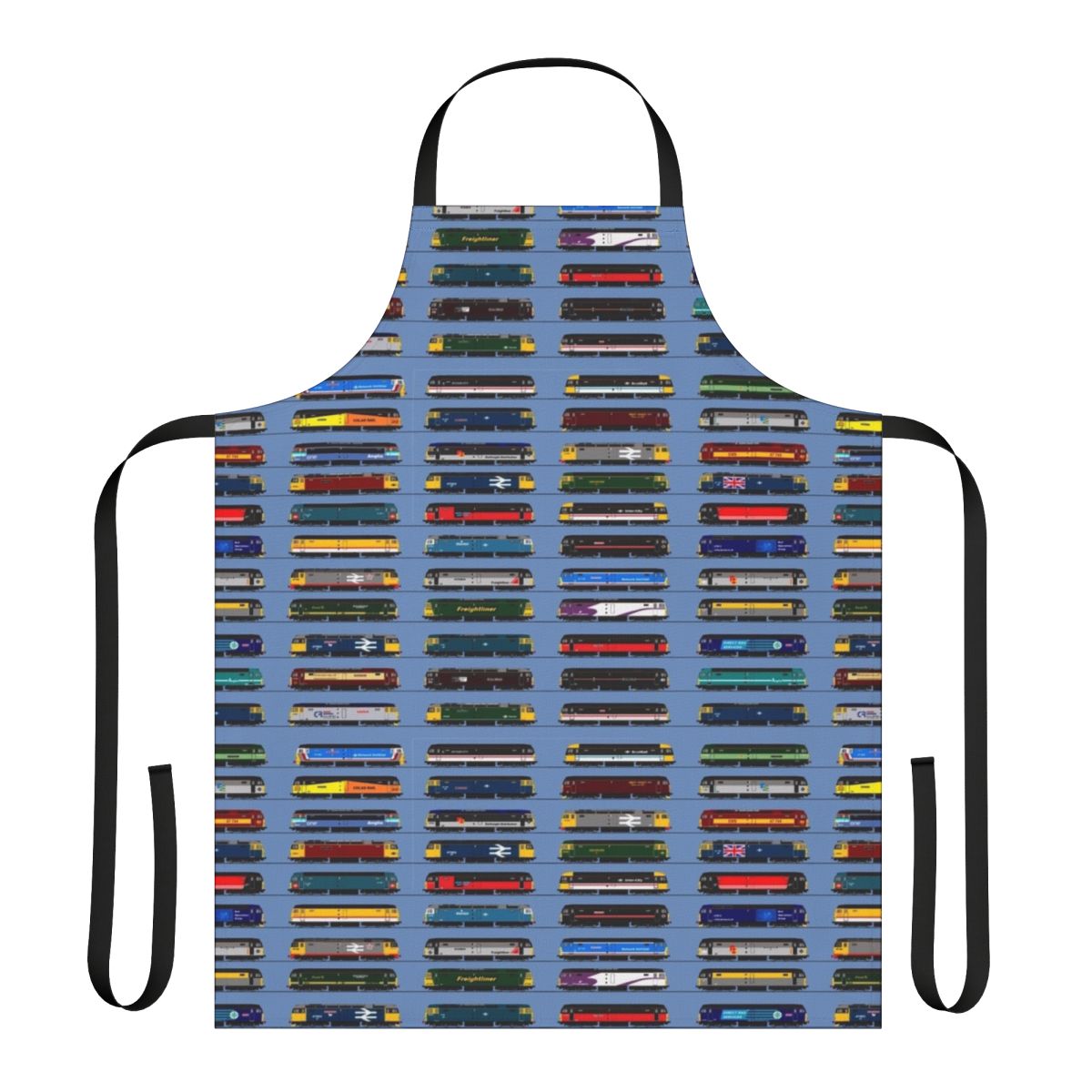 Detailed diesel locomotive design printed on a high-quality apron for train lovers.