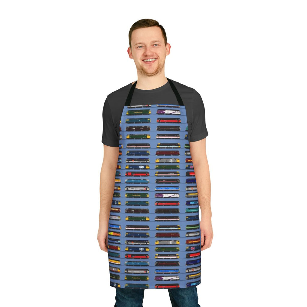 Detailed diesel locomotive design printed on a high-quality apron for train lovers.