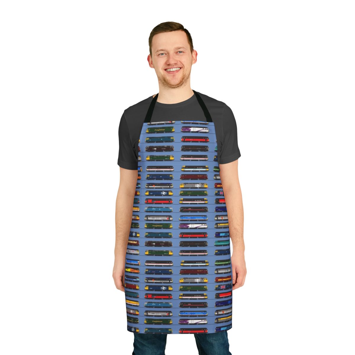 Detailed diesel locomotive design printed on a high-quality apron for train lovers.