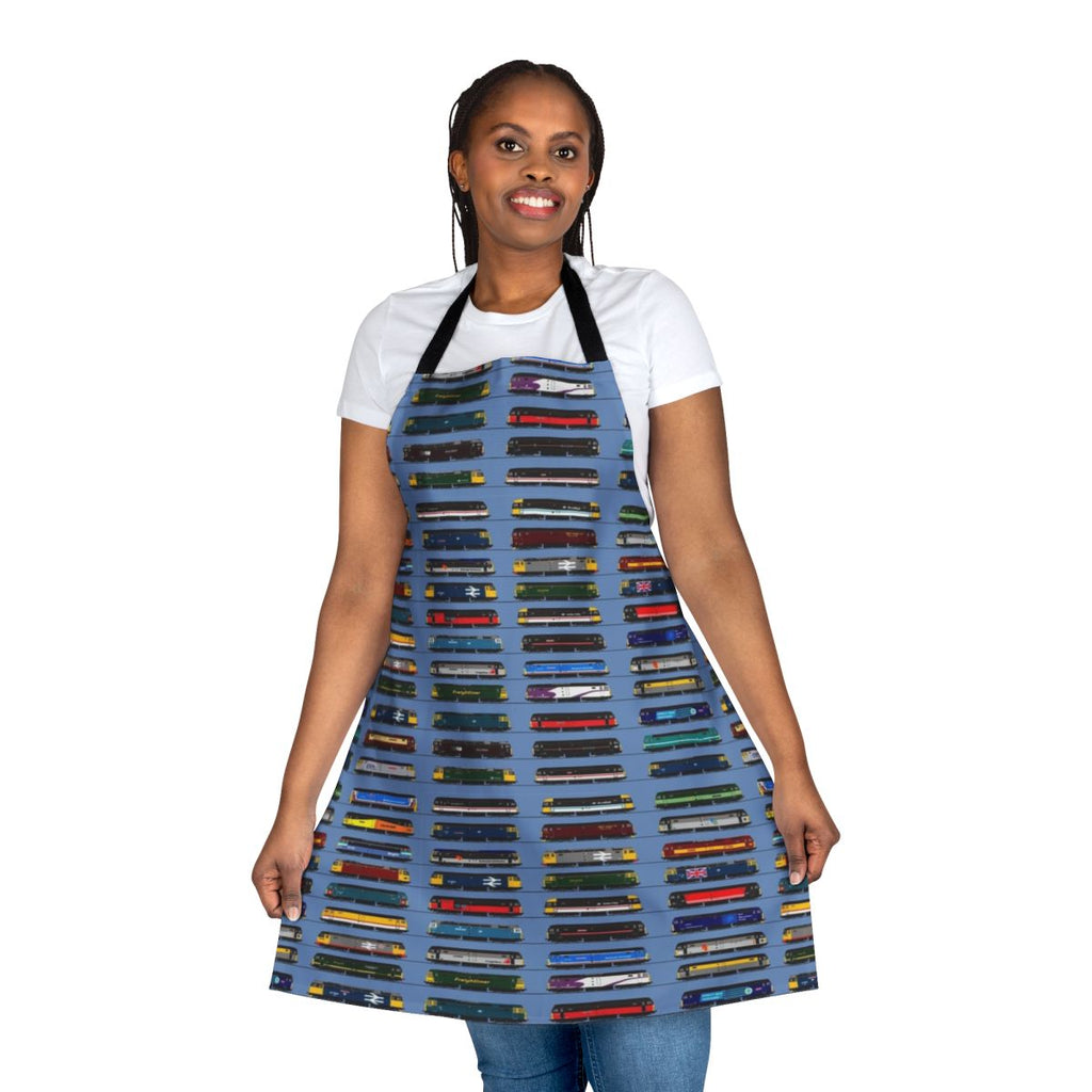 Detailed diesel locomotive design printed on a high-quality apron for train lovers.