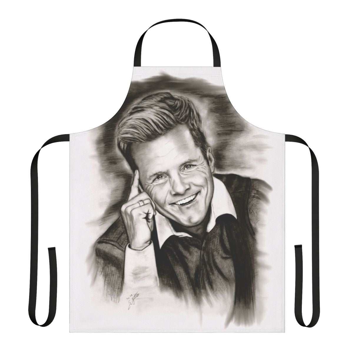 A cooking apron featuring a striking black and white portrait of German music producer Dieter Bohlen.