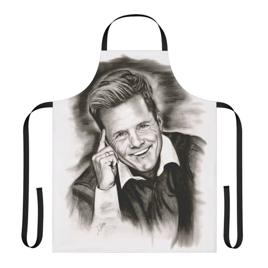 A cooking apron featuring a striking black and white portrait of German music producer Dieter Bohlen.